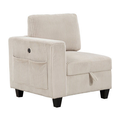 Single Chair, Modern Living Room Chair with One Arm, Storage Pouch, and Charging Ports