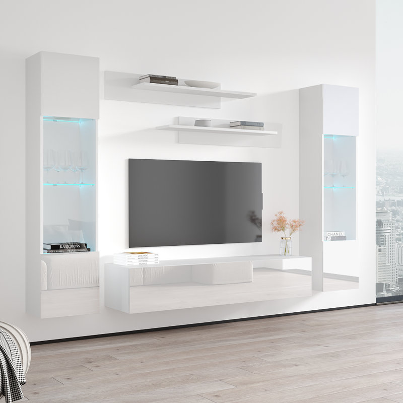 Volz 100" Modern Floating Wall Mounted Entertainment Center with 16-Color LED Lighting, High Gloss Finish, White