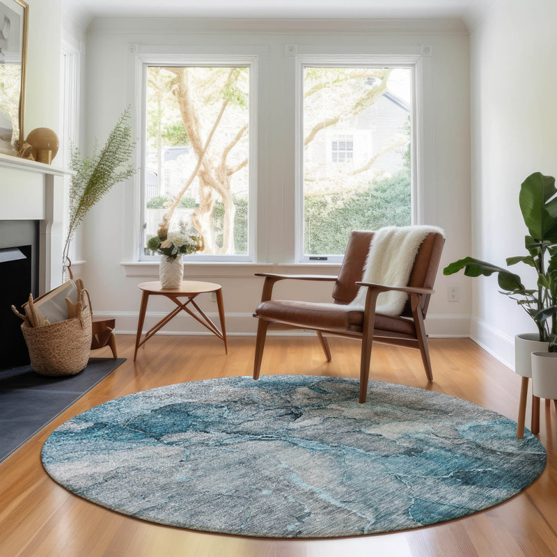 Premium Machine Washable Prisco Teal Rug, Round 8'