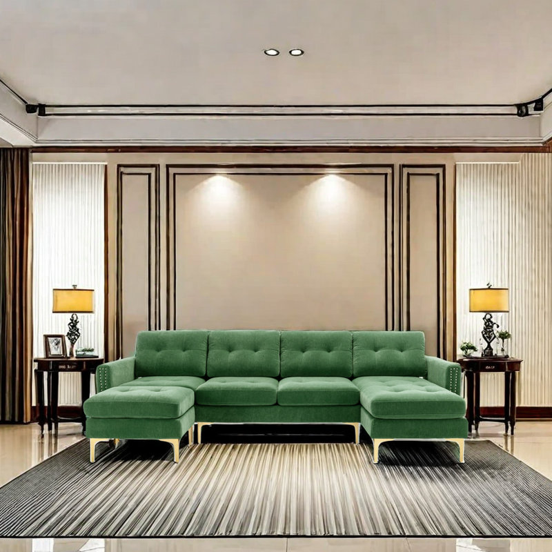 Bethanne 3 - Piece Upholstered Convertible Sectional Sofa Couch with Ottoman, Green Velvet