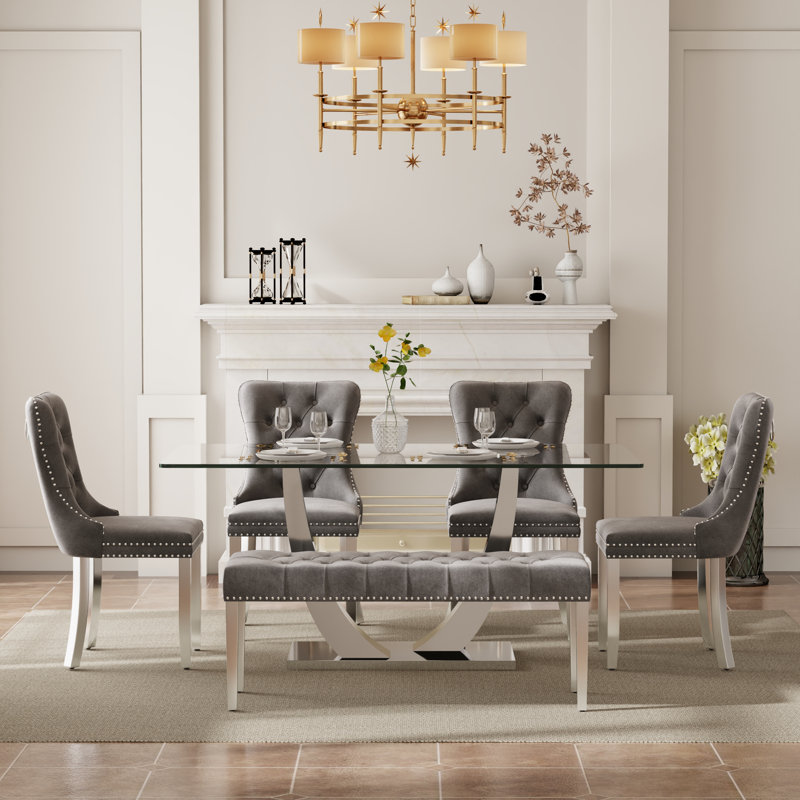 Ensemble de salle à manger rectangulaire avec banc, table de cuisine moderne de style Mid-Century et chaises capitonnées et banc de salle à manger de style luxueux Glass