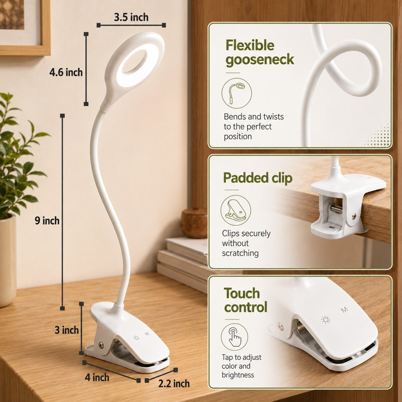 Lampe de lecture à pince rechargeable pour lit, tête de lit, table ou bureau, équipée de 28 DEL et d'un éclairage à 3 couleurs et 3 niveaux de luminosité pour un confort visuel optimal.