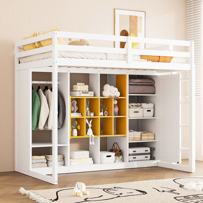 Lit mezzanine simple en bois blanc et jaune, solution de rangement avec garde-robe ouverte, tablettes multicouches, armoire fermée, structure pour ados et Smart Smart