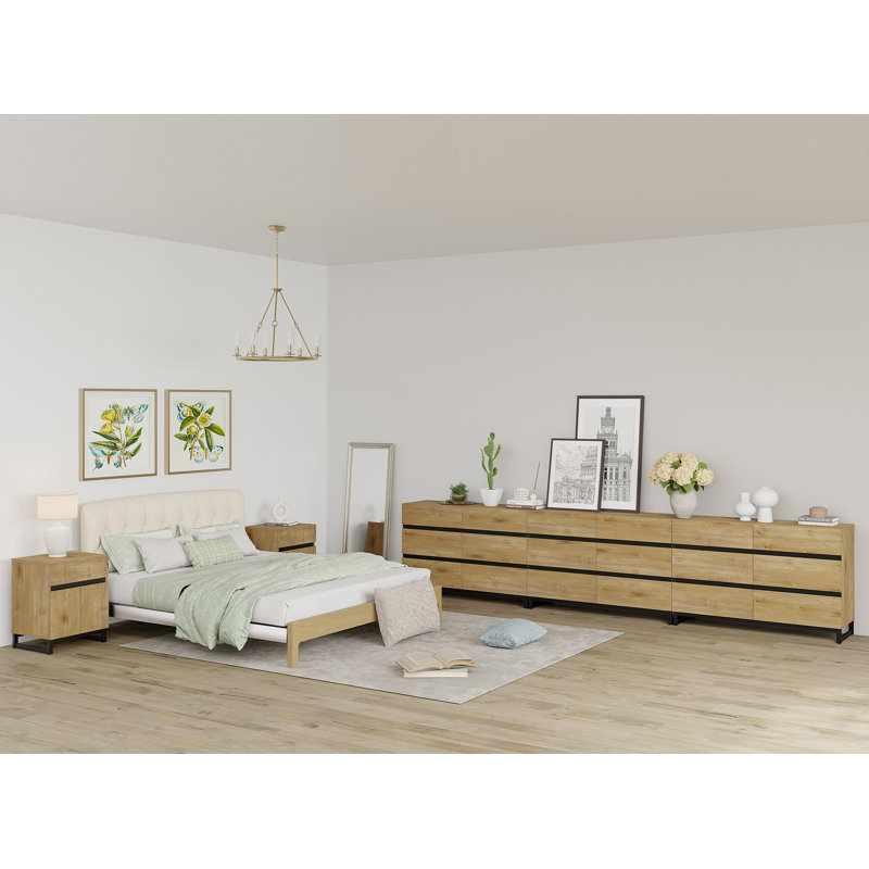 5-Piece Modern Bedroom Furniture Set, 142-Inch Dresser With 18 Drawers And 2 Nightstands Featuring Drawer And Cabinet Design, Bedroom Set Of 5