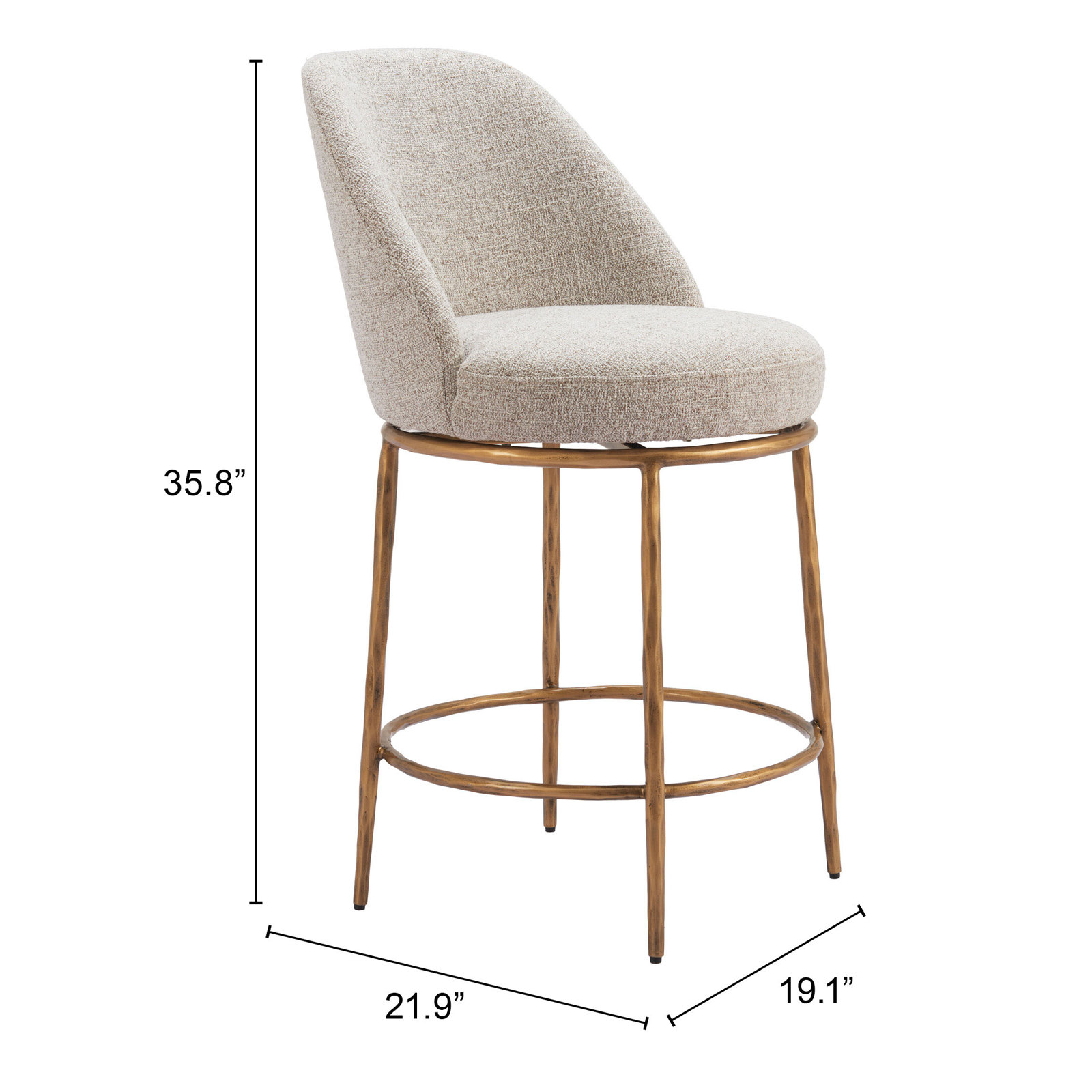 Crush 31.5 " Bar Stool, Beige Fabric/ Gold Frame, Counter Stool (24.4” Seat Height)