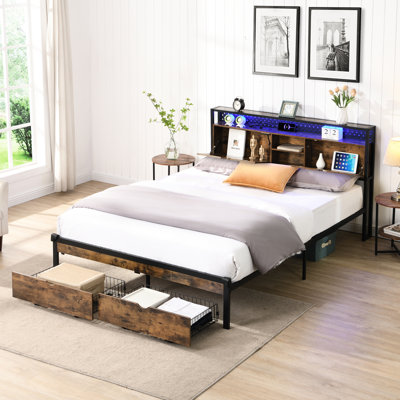 King Size Metal Platform Bed Featuring Wooden Headboard, & Charging, 2 Drawers, Led Lights, No Box Spring, Straightforward To Assemble, 600 Lbs Max Weight Frame With Headboard And , Drawer Storage,