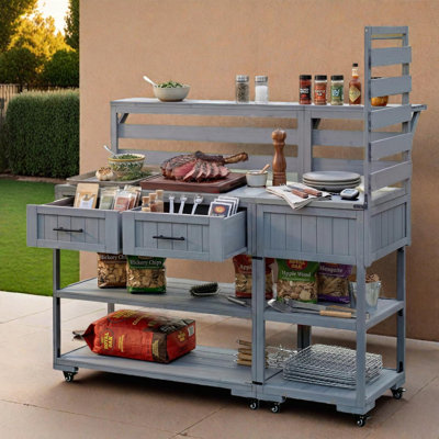 Patio Kitchen Island with Stainless Top, Garden Potting Bench, Drawers, Raised Shelf, Grill Prep Table