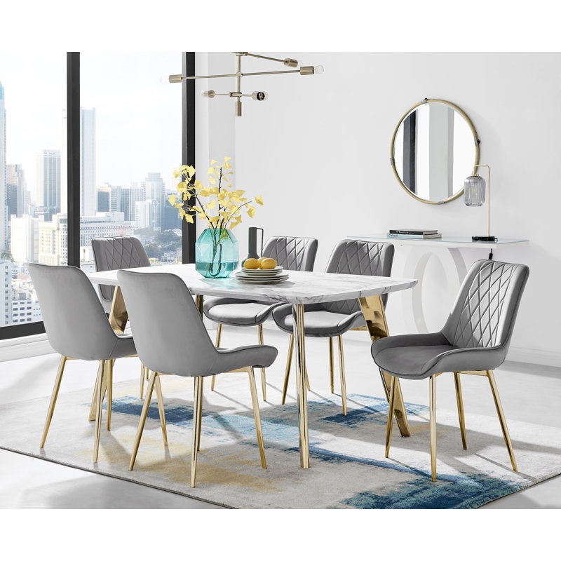 Anders Modern High Gloss Marble Effect Dining Table Set with 6 Luxury Velvet Dining Chairs, Grey/Gold, Gold