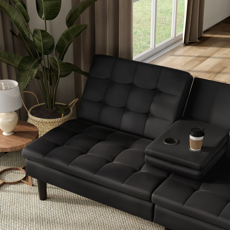 Burrell Futon Sofa Bed, Black Faux Leather