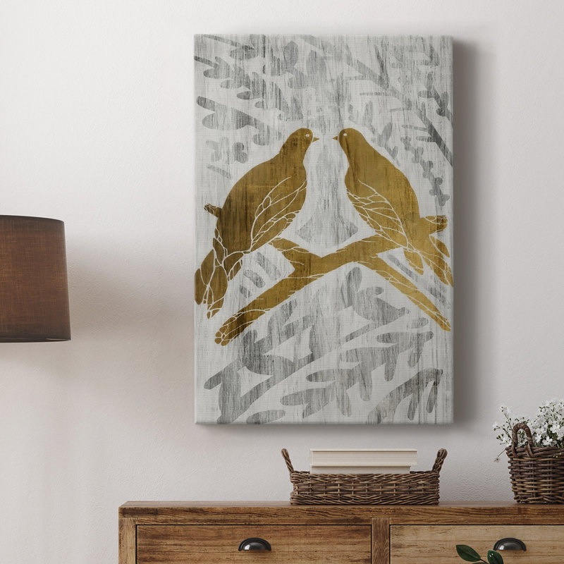 Two Turtle Doves - Gold Leaf Holiday -Custom Wrapped Gallery Cavas, 18" H x 12" W