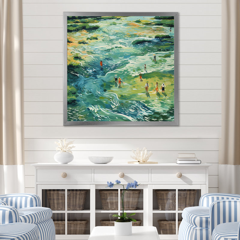 «Green Peaceful Tide Pools I» - art mural minimaliste côtier, Cadre simple argenté, H 30 po x l 30 po x P 1,5 po