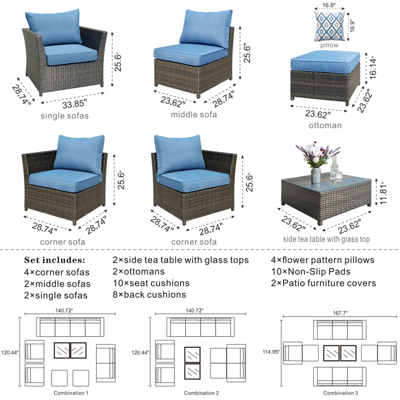 Ensemble de conversation modulaire de patio avec coussins 12 pièces, bleu
