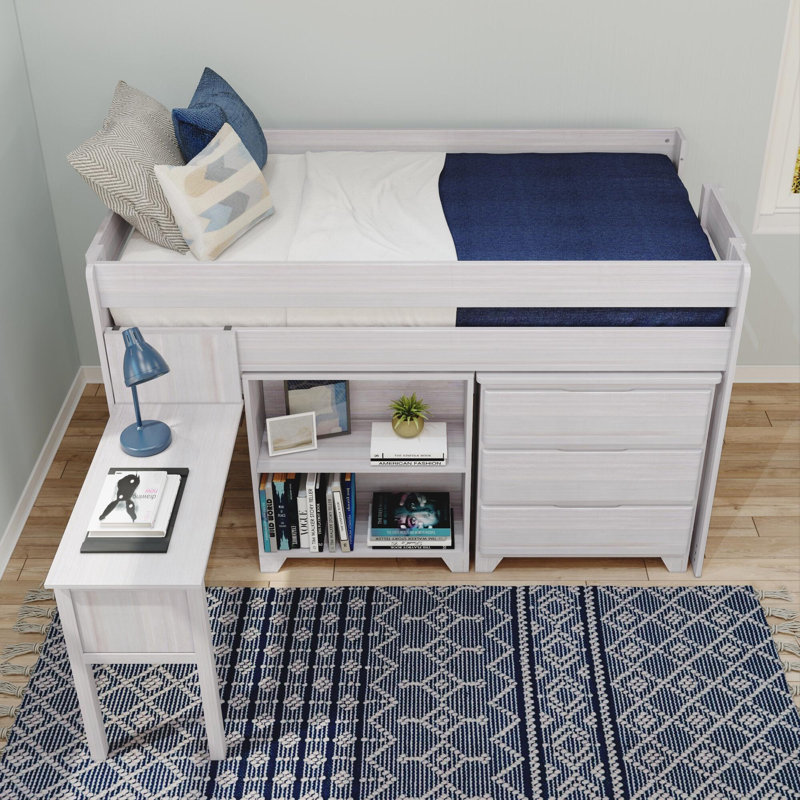 Decimus Kids Twin Loft Bed with Drawers, White Wash