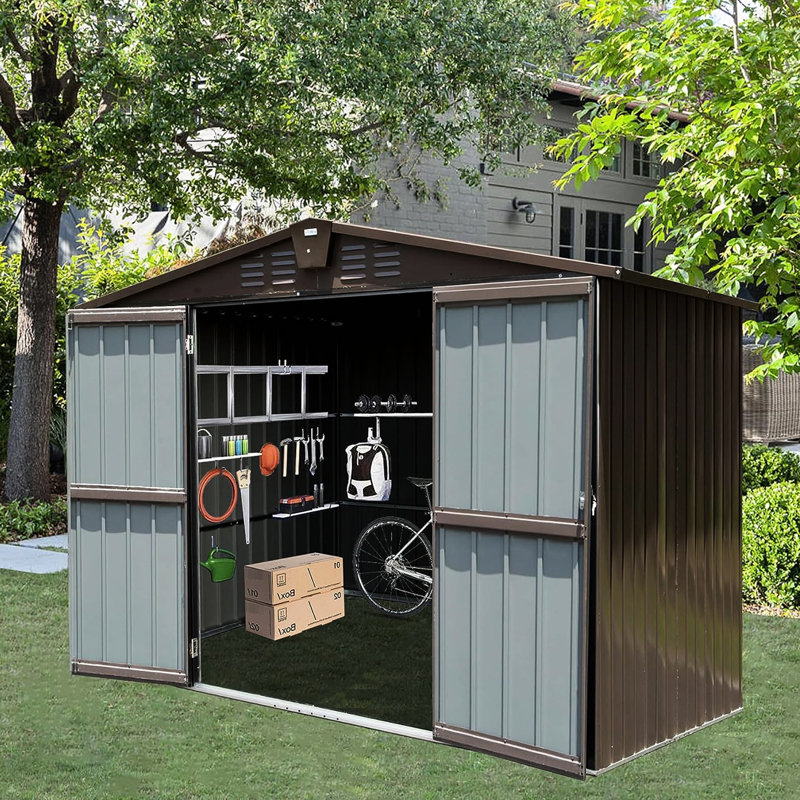 Remise de jardin 10 'x 8' en métal, double porte imperméable avec serrure ventilée brune pour l'extérieur en métal antirouille et verrouillable