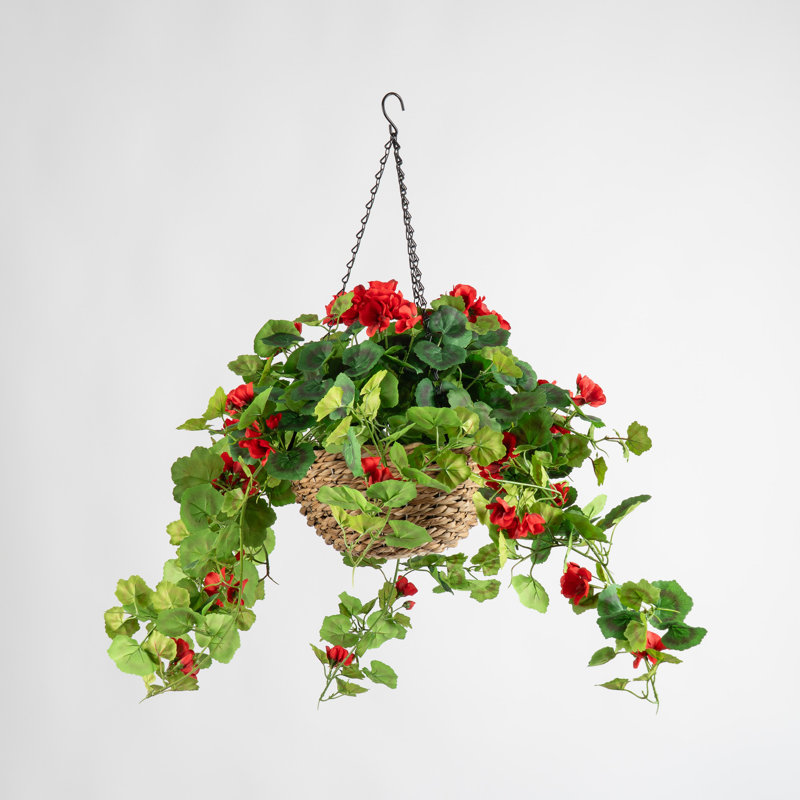 80cm Faux Geranium Hanging Basket, Red