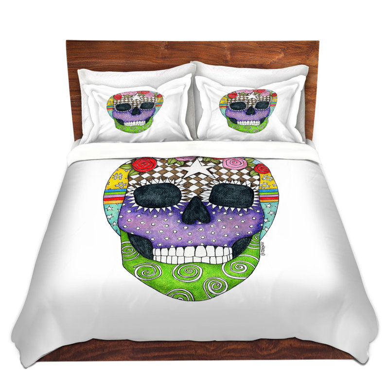 Ensemble de housse de couette Sugar Skull, 1 housse simple + 1 taie standard, Blanc / Vert