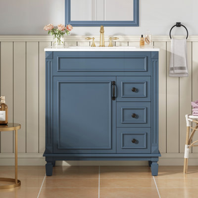 Élégant meuble-lavabo de 30 pouces avec lavabo en céramique, 2 tiroirs et tablette réglable pour les petits espaces