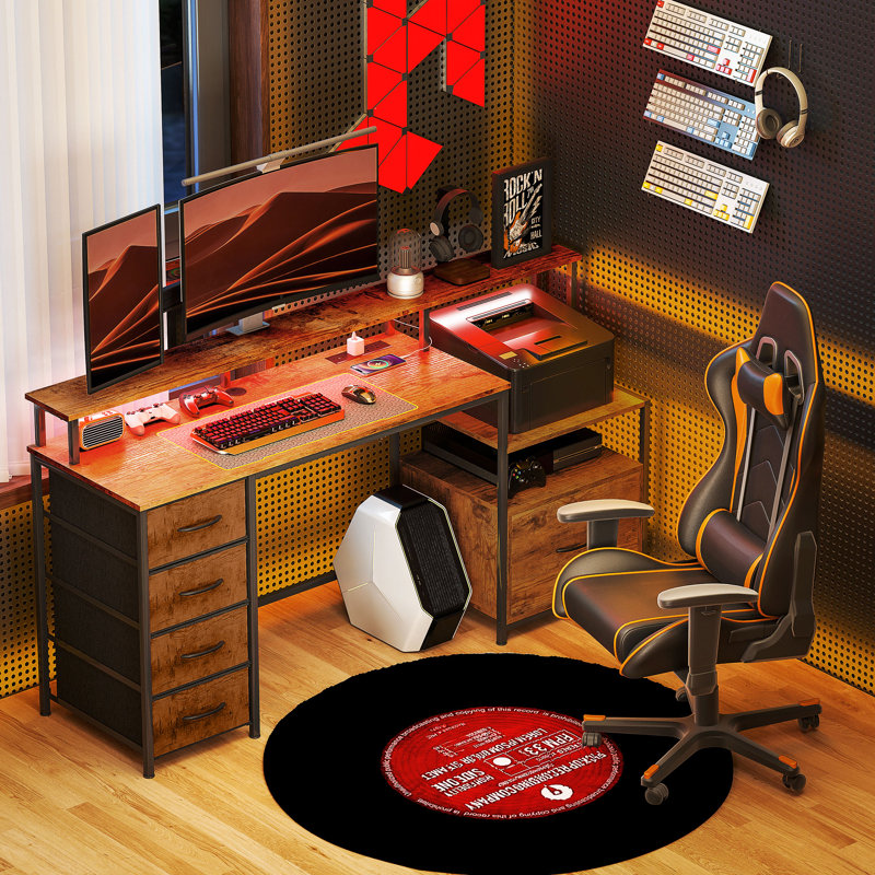 67" Computer Desk with File Cabinet and Drawers, Home Office Desk with LED Lights, Black