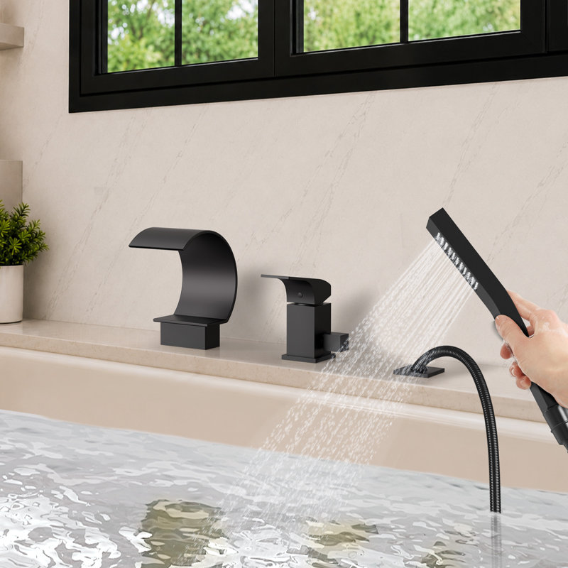 Waterfall Roman Tub Faucet with Hand Shower & Valve, Deck Mount Bathtub Filler, Matte Black