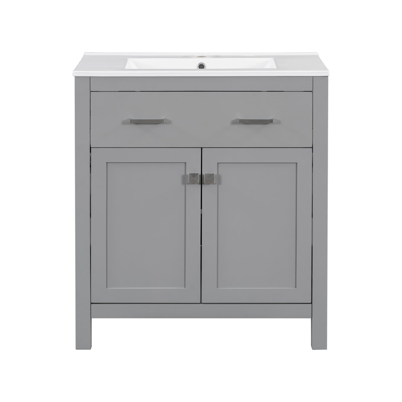 Meuble-lavabo de 30 po avec lavabo en céramique, armoire de salle de bain simple grise moderne avec 2 portes et une tablette, portes à fermeture douce