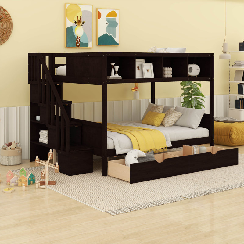 Kids Twin Over Full Bunk Bed with Shelves, Storage Staircase and 2 Drawers, Espresso