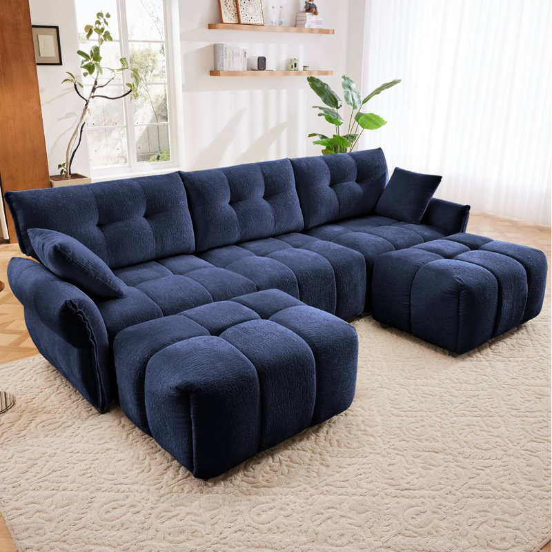 Canapé modulaire en chenille capitonné avec 2 repose-pieds et coussins Dengler, Chenille bleu, L 110,2 po