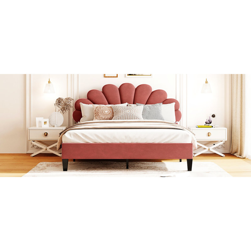 Lit tapissier attrayant de grande taille avec tête de lit en velours et tête de lit rouge, Rosé, Queen