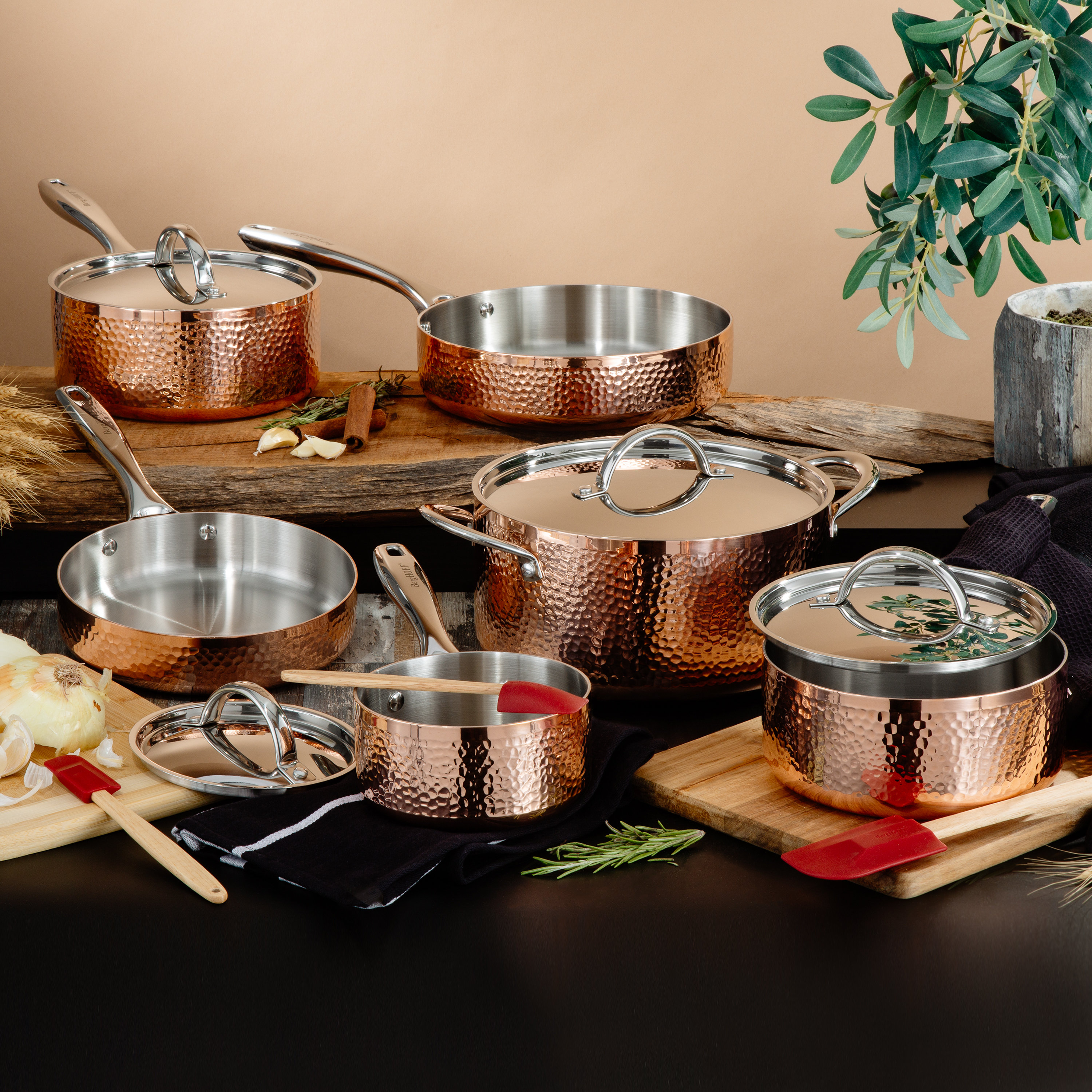 BergHOFF Copper Tri-Ply 13Pc Cookware Set, Polished, Hammered