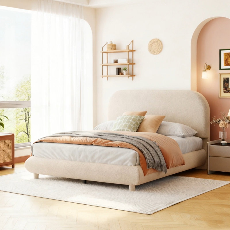 Lit plateforme en tissu d'ameublement Teddy, Beige, Double