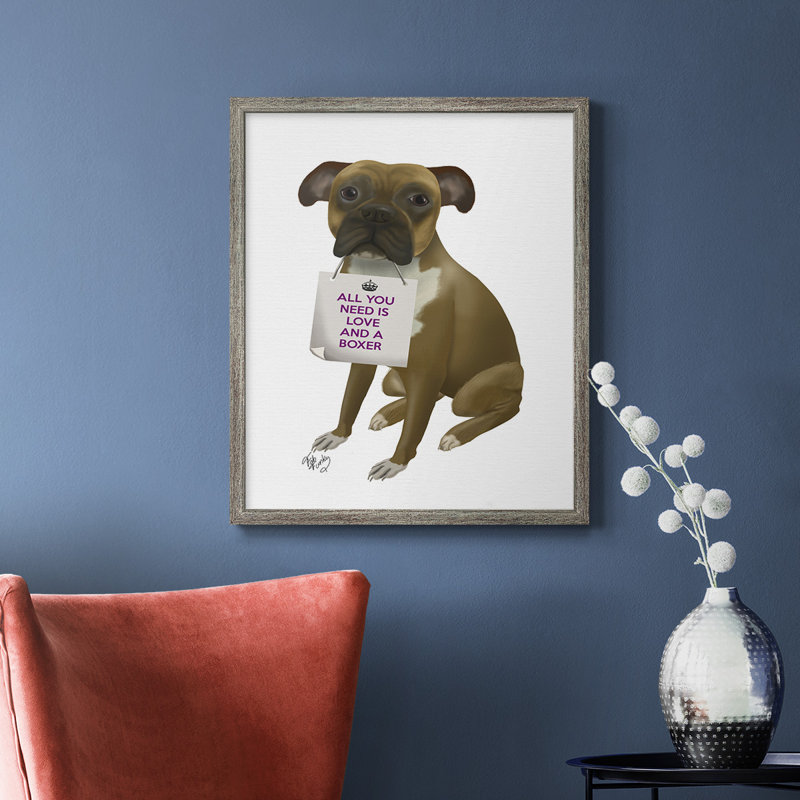 «Love and Boxer», toile encadrée de qualité supérieure - prête à être accrochée, Argent patiné, H 20 po x l 16 po