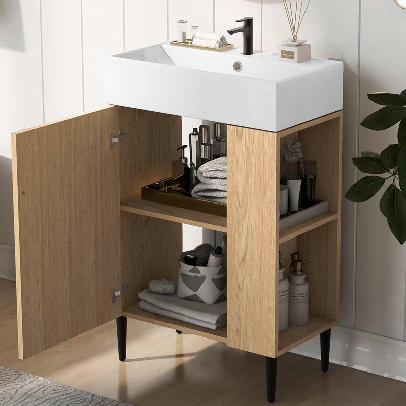 Meuble-lavabo autoportant de 21,6 po avec lavabo en céramique pour petites salles de bain, rangement latéral