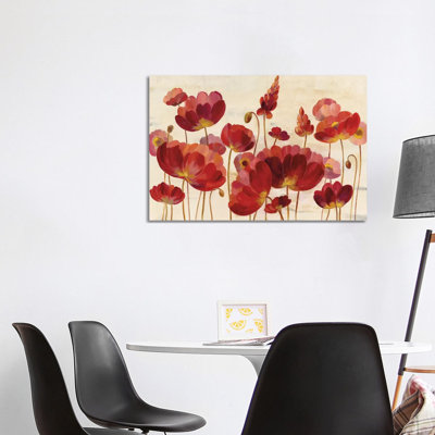Red Flowers on Cream 1 Piece Wrapped Canvas Painting
