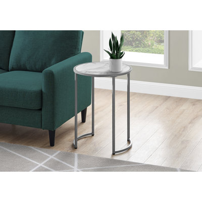 Round Accent Side Table/Nightstand For Living Room Or Bedroom, White Marble Look Top And Grey Metal, Contemporary Modern Style | Gift Idea