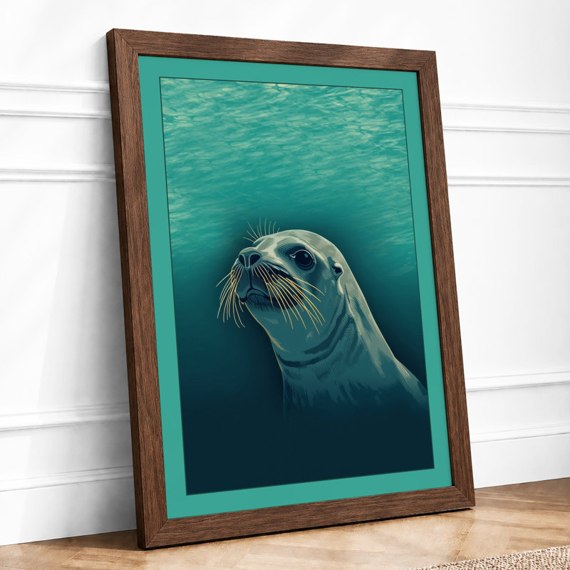 Seal in Turquoise Coastal - Framed Print, Walnut, A3 - 42.0 x 29.7 cm