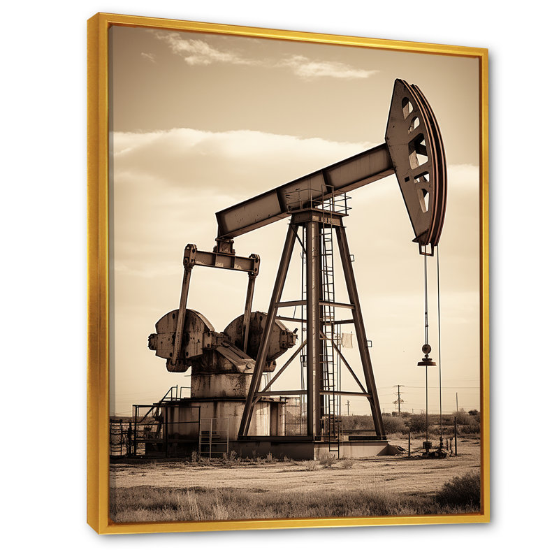 «Modern Sepia Drilling Rig Field II», reproduction sur toile, Cadre flottant doré, H 32 po x l 16 po x P 1 po