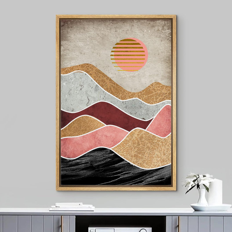 Soleil, chaîne de montagnes, paysage abstrait, illustrations modernes, H 24 po x l 16 po, Naturel