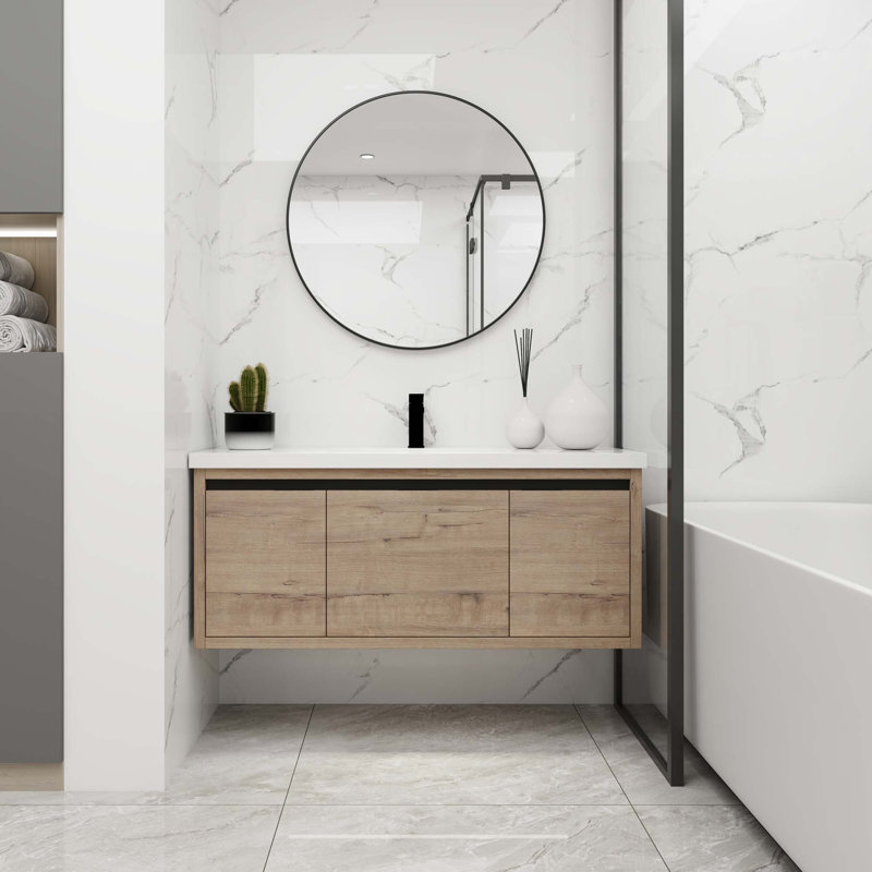 Armoire de salle de bain à fixation flottante avec lavabo, Chêne