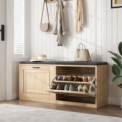 39.4" Shoe Storage Bench With Cushioned Seat & 2 Flip Drawers