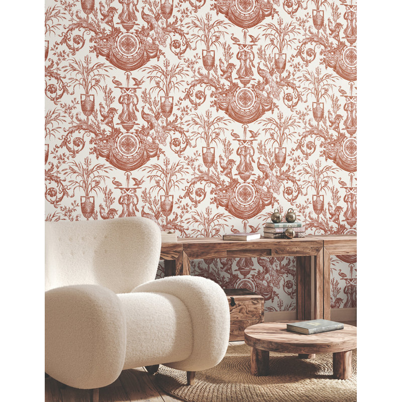 Avian Fountain Toile Wallpaper Roll, Brick