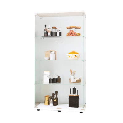 Living Room Bedroom Office White 4 Shelf Display Cabinet, 2 Doors, 64.7"X31.7"X14.3 Glass White, For Room, 64.7"*31.7"*14.3