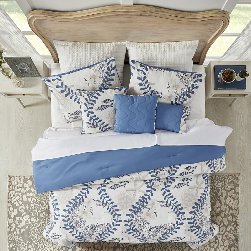 Caspian Blue and White Microfiber Queen Comforter Set with Nautical Design