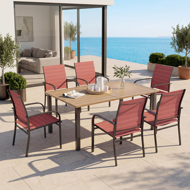 Sutiya 6 - Person Steel Patio Dining Set Umbrella Hole Included Rectangular Table, Red