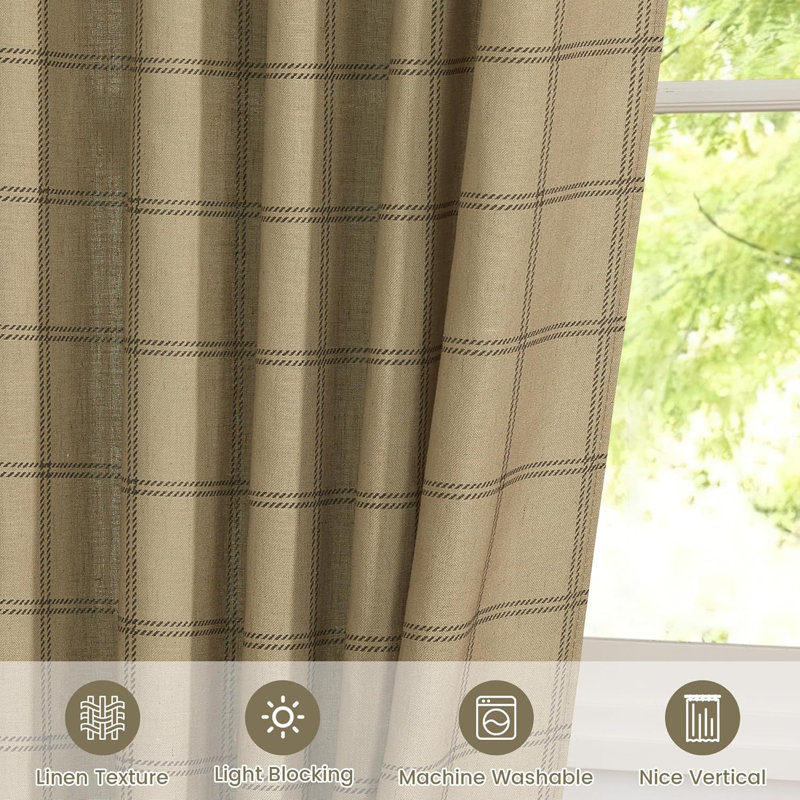 Linen Plaid Curtains Modern Window Panels Check Tartan Light Filtering Curtains for Living Room Bedroom, Rod Pocket Back Tab, 2 Panels