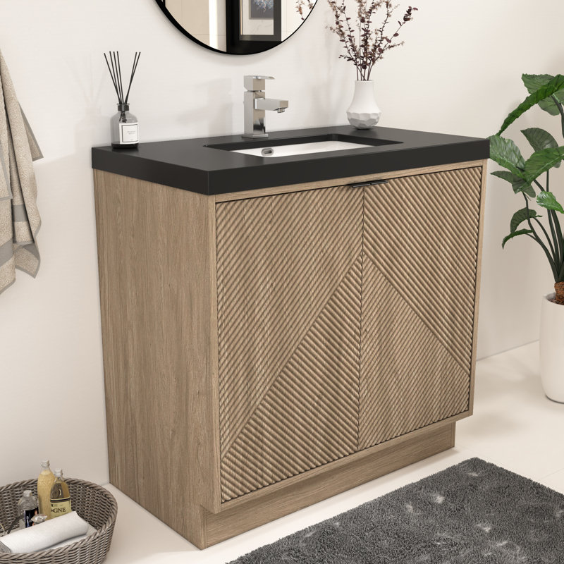 Ensemble de meuble-lavabo autoportant 35,4 po avec lavabo en acrylique noir renforcé Monterey, Marron clair