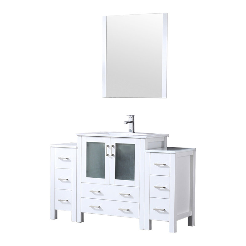 54 po Large meuble-lavabo simple blanc avec armoires latérales, comptoir en céramique, robinet et miroir 28 po, surface résistante aux taches, largeur de mesure, comptoir, finition,