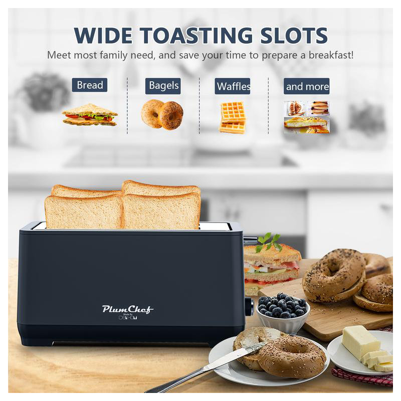 4-Slice Extra Wide Long Slot Toaster (Silver, 1500W) - Stainless Steel with Warming Rack, Removable Crumb Tray, 6 Browning Settings & Bagel/Defrost/Reheat Functions
