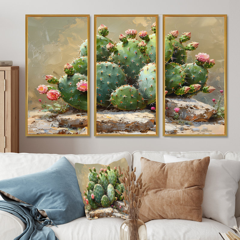 Shoshana - Ensemble de décoration murale cactus floral, Cadre flottant doré, H 28 po x l 36 po