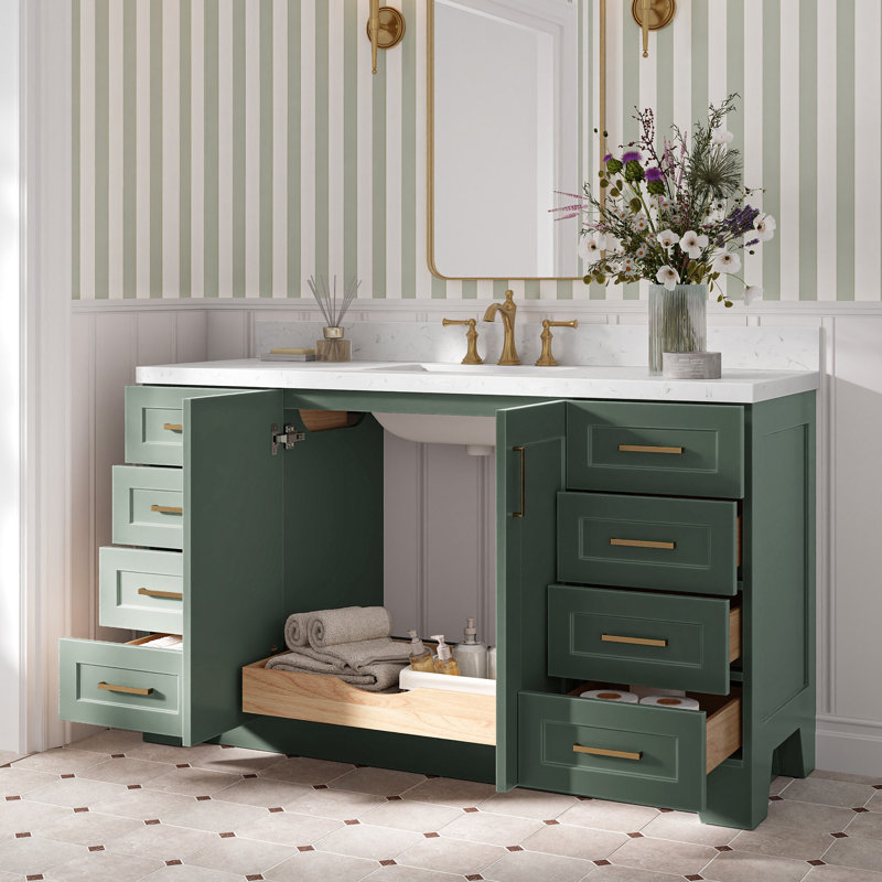 61 IN.  Single Bathroom Vanity, Rectangle, Vintage Green, Carrara Quartz
