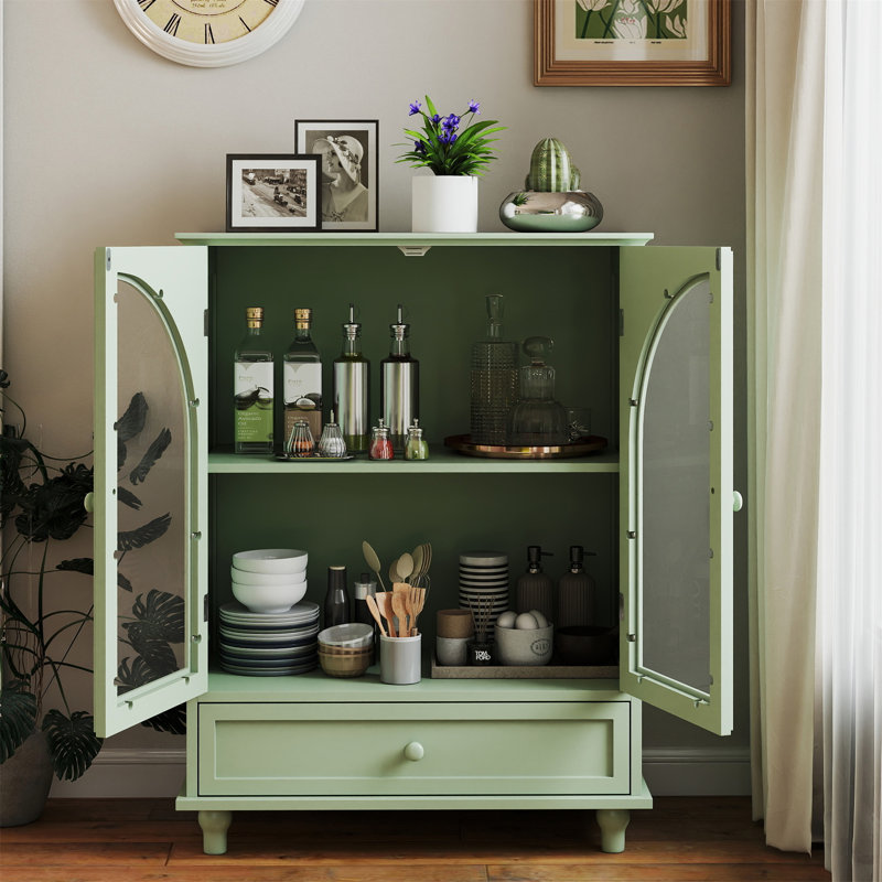 Buffet Farmhouse avec portes en verre à deux arches, 36.8" H x 27.95" W x 14.96" D, Vert