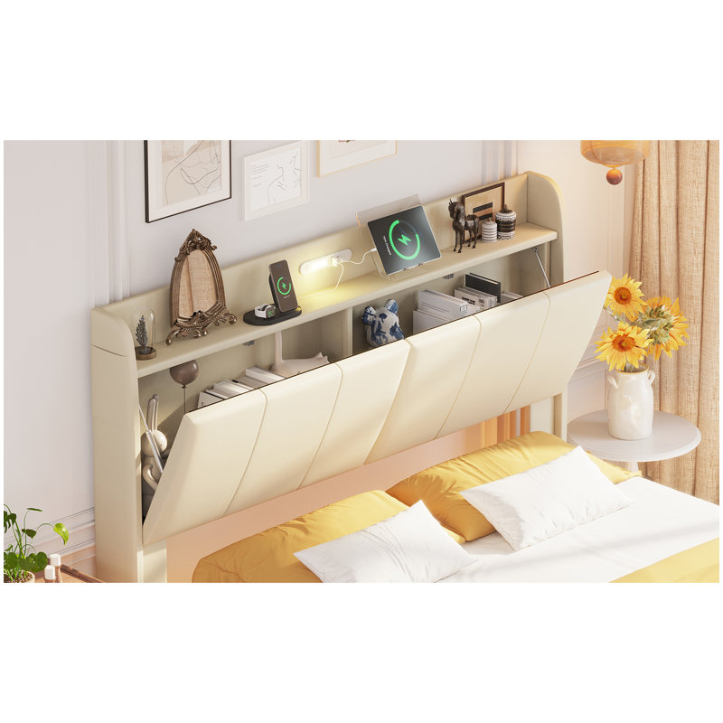 Queen Size Floating Bed Frame With Storage Headboard, Beige